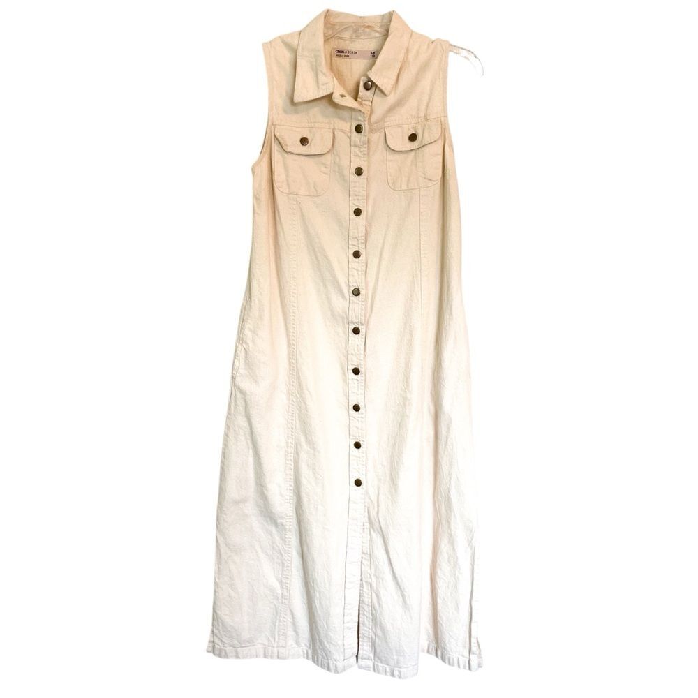 Asos Denim Cream Collared Button Down Sleeveless Coastal Midi Dress Size US 6